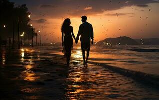jovem casal caminhando em a de praia às pôr do sol - ai generativo foto