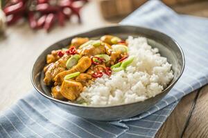 frango Curry arroz Pimenta e jovem cebola dentro tigela foto