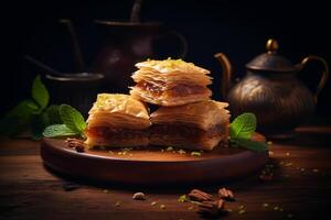 baklava Comida do meio leste, Sombrio background.ai generativo foto