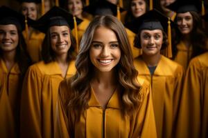 sorridente jovem mulher dentro graduação vestidos foto
