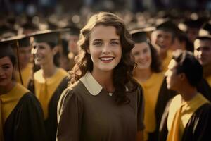 sorridente jovem mulher dentro graduação vestidos foto