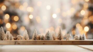 festivo Natal brincar bandeira esvaziar branco mesa topo com caloroso vivo quarto decoração e neve feriado fundo foto
