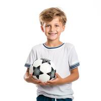 pequeno Garoto com uma futebol bola em uma branco fundo foto