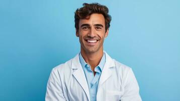 sorridente jovem masculino médico olhando às Câmera isolado em azul fundo foto