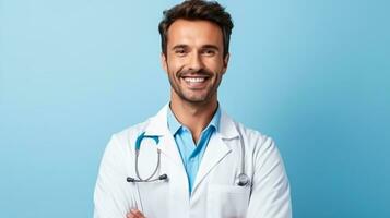 sorridente jovem masculino médico olhando às Câmera isolado em azul fundo foto