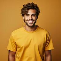 bonito jovem homem dentro amarelo camiseta sorridente às Câmera enquanto em pé contra amarelo fundo foto