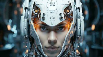 conexão do humano mulher e artificial inteligência robô. a conceito do fusão uma pessoa e uma computador com neural redes dentro a futuro. ai gerado foto