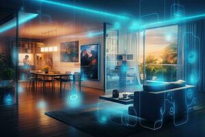 interior do moderno vivo quarto com branco paredes, de madeira chão, azul holograma telas, uma inteligente casa interior conectado com a Internet conexão, digital tecnologia holograma, ai gerado foto