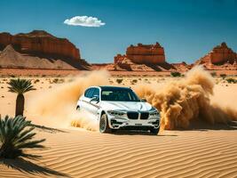 BMW Visão do carro corrida às Alto Rapidez através a deserto foto