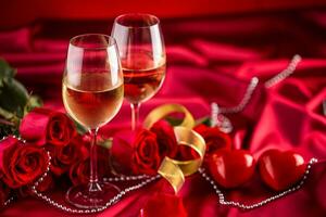dia dos namorados ou Casamento conceito. vinho copos vermelho rosas e romântico configuração para dois dentro vermelho. cumprimento cartão para jubileu ou aniversário foto