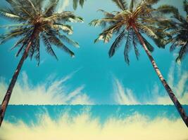 azul céu e Palma árvores Visão a partir de abaixo, vintage estilo, tropical de praia e verão fundo, viagem conceito. ai generativo. foto
