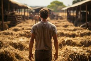 uma agricultor a partir de atrás às uma curral tratamento doméstico animal foto