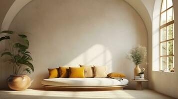 esvaziar interior quarto 3d ilustração com travesseiro, planta, parede e janela foto