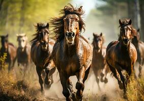 ai gerado imagem. selvagem cavalos galopando dentro Prado. foto