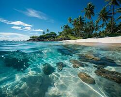 ai gerado tropical de praia. imaculado branco areias e Claro água. foto