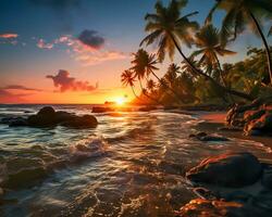 ai gerado. tranquilo pôr do sol sobre uma deserta de praia com Palma árvores foto
