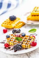 fresco waffles com chocolate xarope bagas açúcar pó formiga hortelã folhas. foto