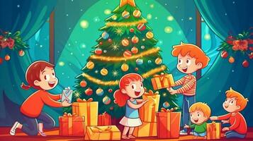 ai generativo alegre Natal feliz família mãe pai e crianças com Magia presente perto árvore às tarde às casa foto