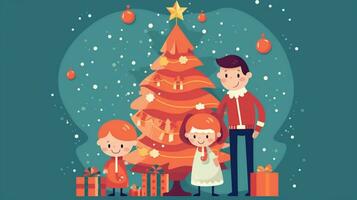 ai generativo alegre Natal feliz família mãe pai e criança com Magia presente perto árvore foto