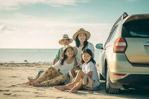 ai generativo feliz família mãe pai e crianças dentro verão auto viagem viagem de carro em de praia foto