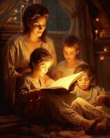 ai generativo família antes indo para cama mãe lê crianças uma livro sobre uma luminária dentro a tarde foto