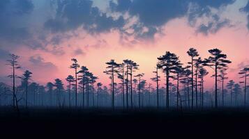 pinho árvores limpo floresta área contra nublado céu às crepúsculo. silhueta conceito foto