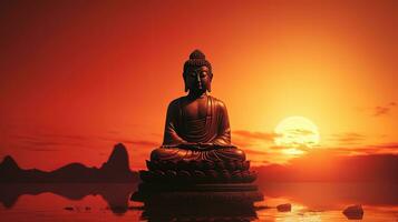 Buda estátua iluminado de cênico iluminação. silhueta conceito foto