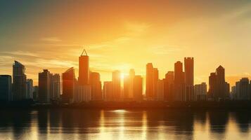 pôr do sol dentro verão ilumina dourado com horizonte Bangkok Tailândia s capital dentro sudeste Ásia. silhueta conceito foto