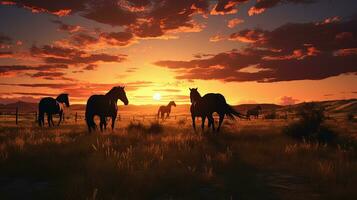 grupo do cavalos comendo dentro uma campo às crepúsculo. silhueta conceito foto