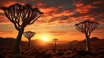 nascer do sol dentro Namíbia sulista África com tremor árvores silhueta às alvorecer nuvens foto