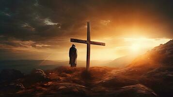 Jesus Cristo crucificado em uma topo da montanha às pôr do sol serve Como a abstrato símbolo. silhueta conceito foto