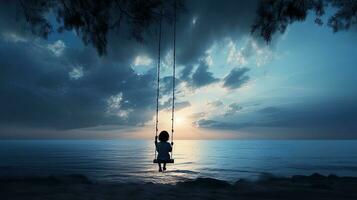 solitário criança jogando em uma balanço de a oceano. silhueta conceito foto