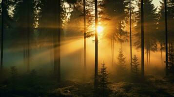 enevoado verão manhã Sol Aumentar dentro uma floresta. silhueta conceito foto