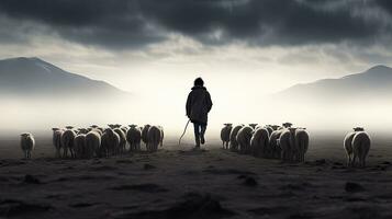 uma mongol Garoto pastoreado ovelha silhueta conceito foto