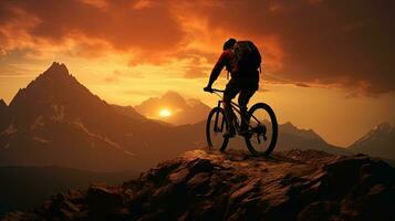 homem em montanha bicicleta pôr do sol silhueta foto
