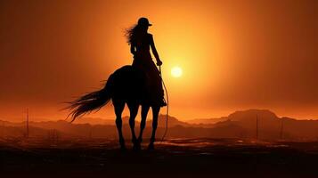 jovem menina em a cavalo olhares fixos para dentro nascer do sol. silhueta conceito foto