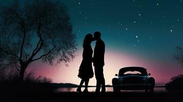 romântico casal se beijando debaixo luar com uma cheio lua silhueta dentro a fundo foto