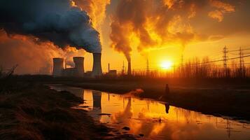 pôr do sol ilumina fumaça a partir de uma térmico poder plantar destacando ecológico problemas dentro Minsk bielorrússia. silhueta conceito foto
