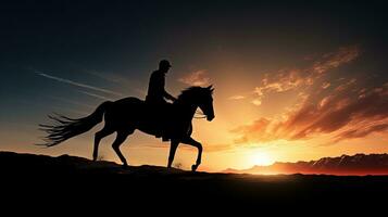 silhueta do uma pessoa equitação uma cavalo foto
