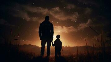 pai e filho dentro uma misterioso campo iluminado de uma claro. silhueta conceito foto