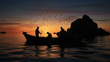 dentro progresso México pescadores em uma pequeno barco estão recortado contra Forte luz de fundo com uma neotrópico Corvo-marinho empoleirado em pedras perto foto