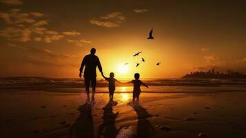 família silhueta jogando em a de praia às pôr do sol foto