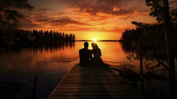 casal em uma lago doca assistindo a pôr do sol às seus casamento. silhueta conceito foto