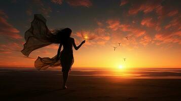 uma mulher vôo uma pipa às nascer do sol. silhueta conceito foto