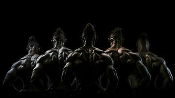 artístico ginástica em uma Preto fundo exibindo uma seis pacote e Forte costas músculos. silhueta conceito foto
