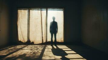 pessoa s sombra fundida em a terra de uma figura dentro frente do uma sujo janela. silhueta conceito foto