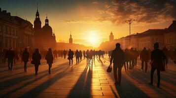 indivíduos passeando dentro Praga durante pôr do sol. silhueta conceito foto