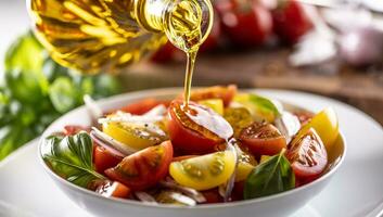 Oliva óleo é derramando em fresco tomate salada misturado com vermelho cebola foto