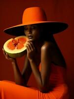 conceito mulher mamão Preto afro estilo de vida beleza na moda legal moda cachecol retrato laranja foto