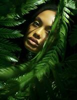 mulher selva pele beleza verde face cabelo elegante retrato Palma tropical Primavera bronzeado modelo foto